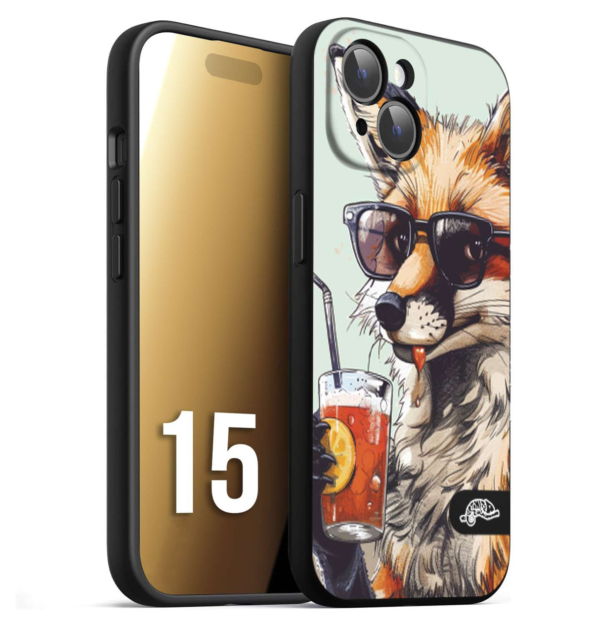 CUSTOMIZZA - Custodia cover nera morbida in tpu compatibile per iPhone 15 estate disegnata cocktails animali simpatici fox volpe negroni
