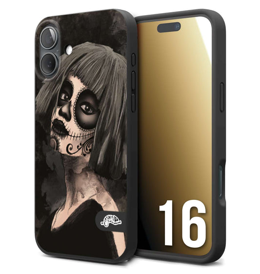 CUSTOMIZZA - Custodia cover nera morbida in tpu compatibile per iPhone 16 chicana messicana dea de la muerte donna santa tattoo disegnata