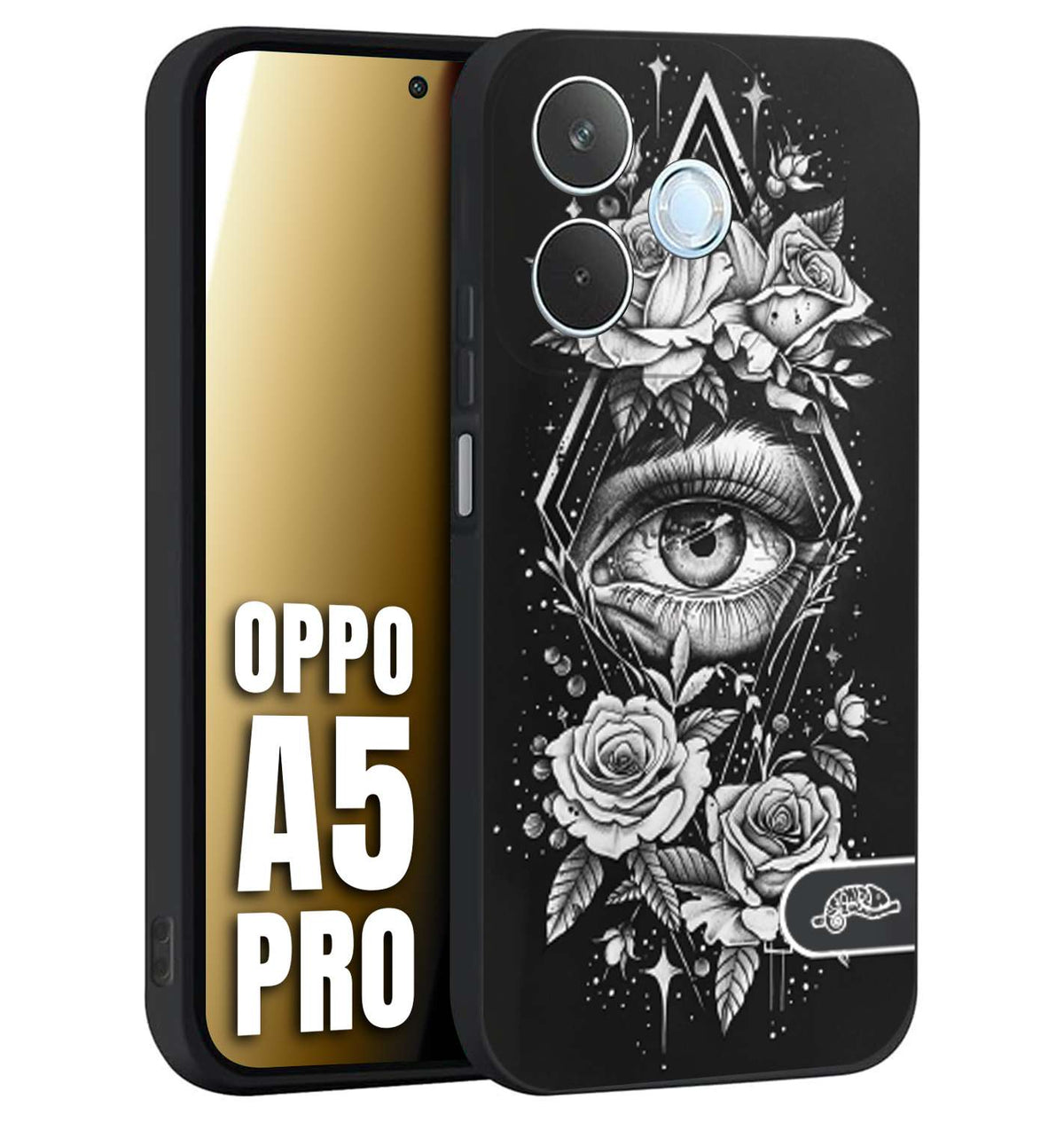 CUSTOMIZZA - Custodia cover nera morbida in tpu compatibile per Oppo A5 PRO occhio fiori rombo geometrico black and white bianco a rilievo disegnato tattoo tatuaggio