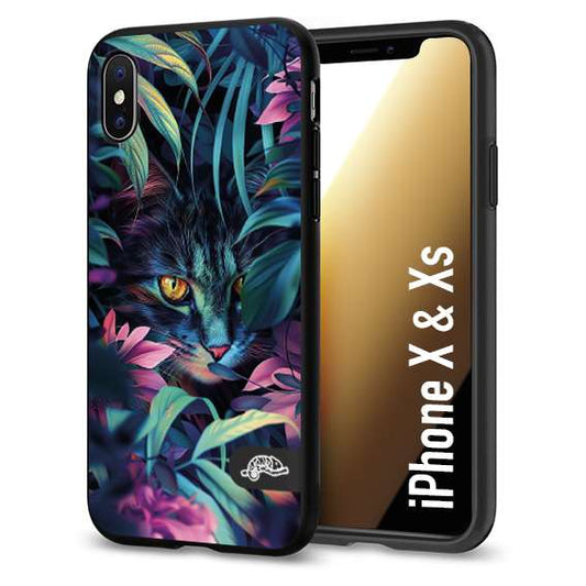CUSTOMIZZA - Custodia cover nera morbida in tpu compatibile per iPhone X - Xs animali color giungla tropicale occhio di gatto colori vibranti disegnato