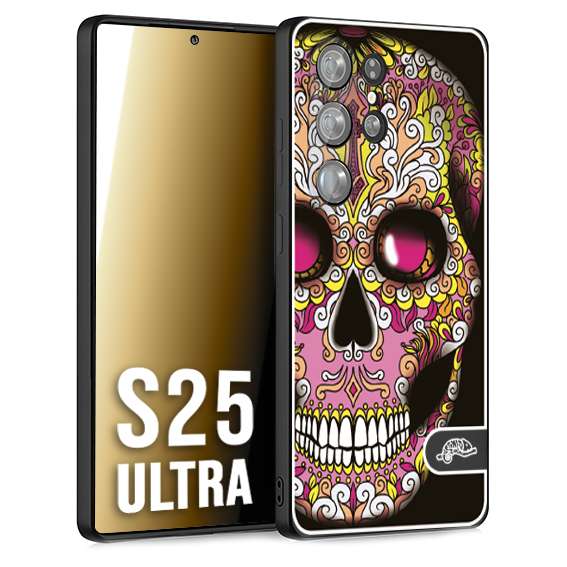 CUSTOMIZZA - Custodia cover nera morbida in tpu compatibile per Samsung S25 ULTRA teschio messicano Mexican skull rosa gialla