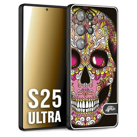 CUSTOMIZZA - Custodia cover nera morbida in tpu compatibile per Samsung S25 ULTRA teschio messicano Mexican skull rosa gialla