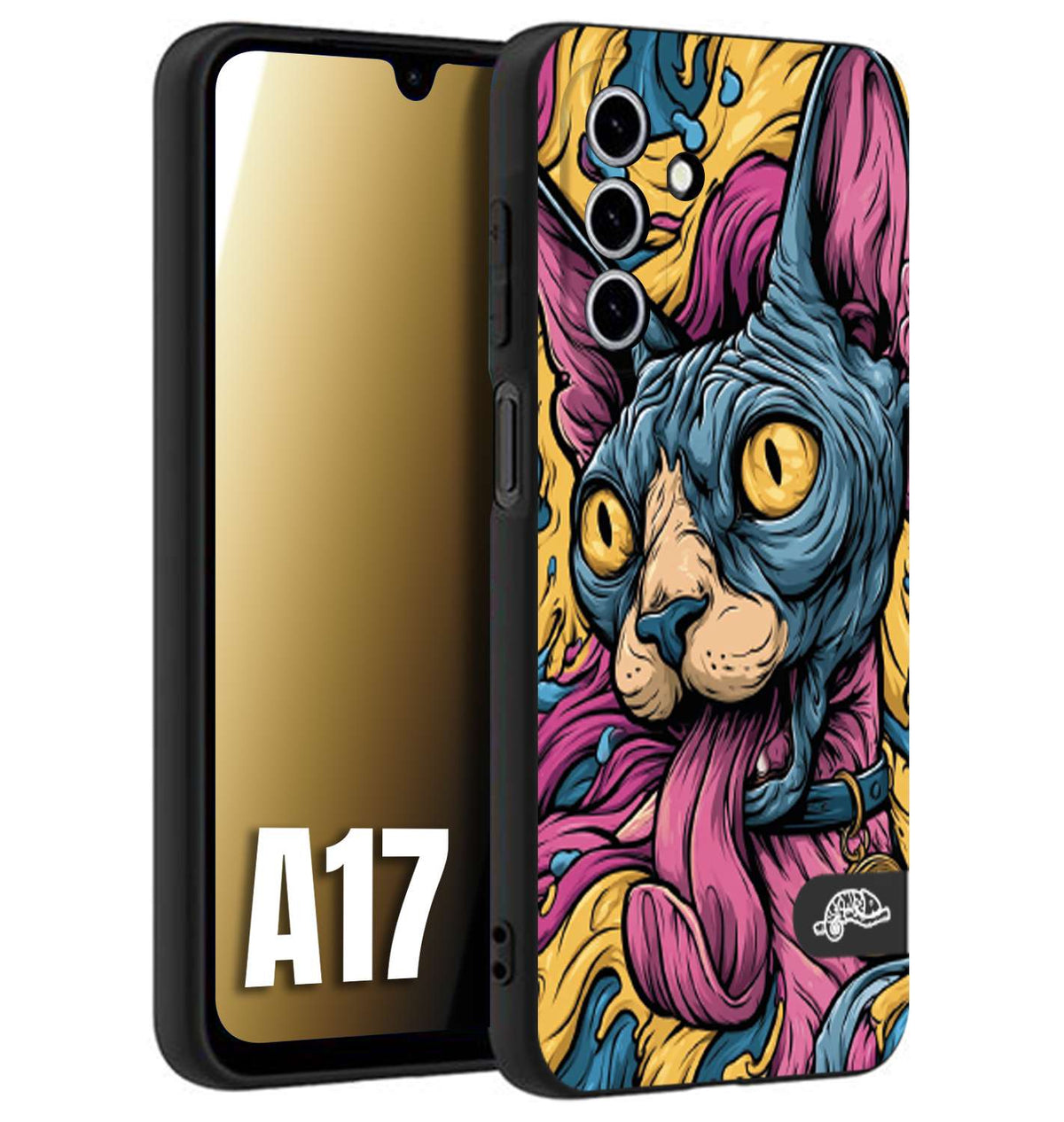 CUSTOMIZZA - Custodia cover nera morbida in tpu compatibile per Samsung A17 Sphynx Colorato Pop Art Psichedelico Gatto Blu Rosa Giallo Artistica Fantasy