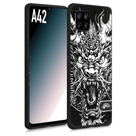 CUSTOMIZZA - Custodia cover nera morbida in tpu compatibile per Samsung A42 drago black and white bianco a rilievo disegnato tattoo tatuaggio