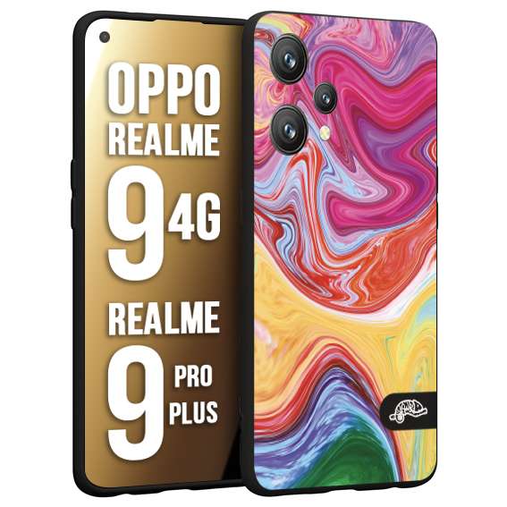 CUSTOMIZZA - Custodia cover nera morbida in tpu compatibile per Realme 9 4G - 9 PRO PLUS colorata fantasia vortice marmo onde verde fucsia gialla