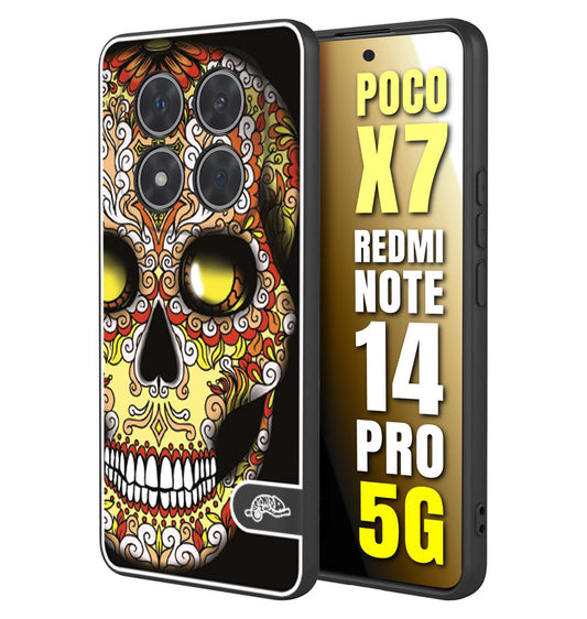 CUSTOMIZZA - Custodia cover nera morbida in tpu compatibile per Xiaomi Redmi Note 14 PRO 5G teschio messicano Mexican skull giallo rosso arancio