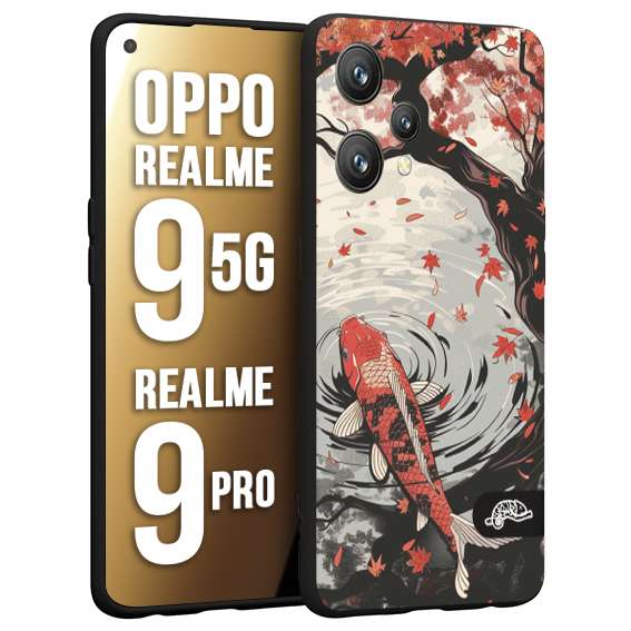 CUSTOMIZZA - Custodia cover nera morbida in tpu compatibile per Realme 9 5G - 9 PRO giapponese lago carpa koi rossa con foglie d'acero rosso disegnata tattoo