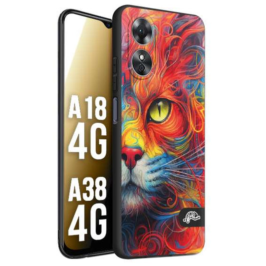 CUSTOMIZZA - Custodia cover nera morbida in tpu compatibile per Oppo A18 4G - A38 4G animali color cat gatto viso colori vibranti disegnato schizzo