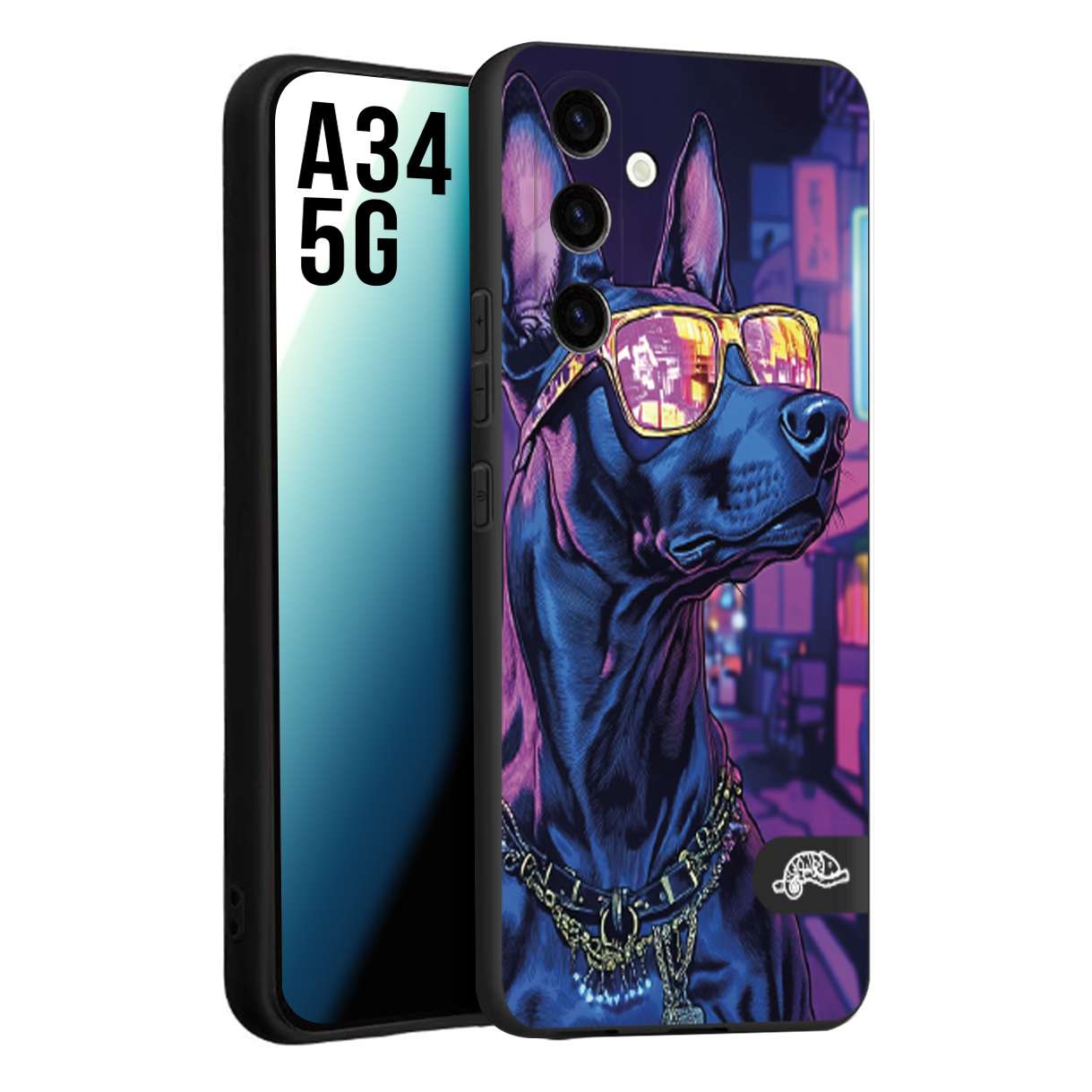 CUSTOMIZZA - Custodia cover nera morbida in tpu compatibile per Samsung A34 5G animali cyberpunk dobermann cane street dog fucsia blu night