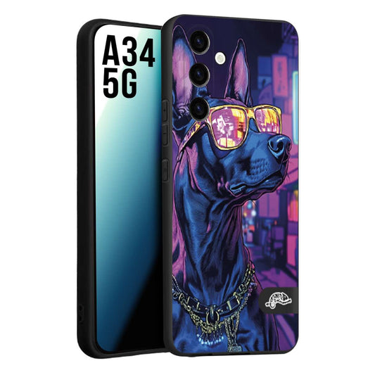 CUSTOMIZZA - Custodia cover nera morbida in tpu compatibile per Samsung A34 5G animali cyberpunk dobermann cane street dog fucsia blu night