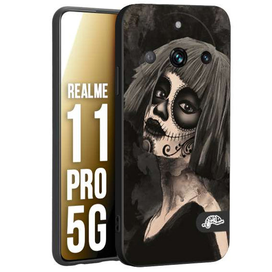 CUSTOMIZZA - Custodia cover nera morbida in tpu compatibile per Realme 11 PRO 5G chicana messicana dea de la muerte donna santa tattoo disegnata