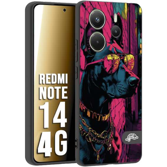 CUSTOMIZZA - Custodia cover nera morbida in tpu compatibile per Xiaomi Redmi Note 14 4G animali cyberpunk dobermann cane street dog fucsia blu