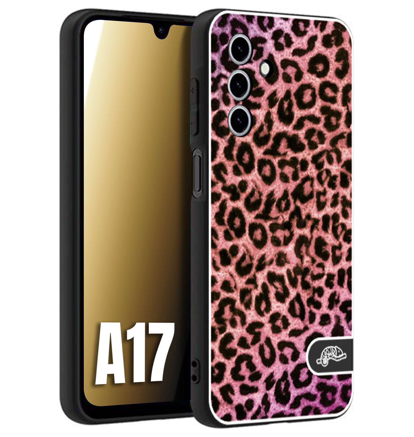 CUSTOMIZZA - Custodia cover nera morbida in tpu compatibile per Samsung A17 leopardato maculato donna rosa leopard