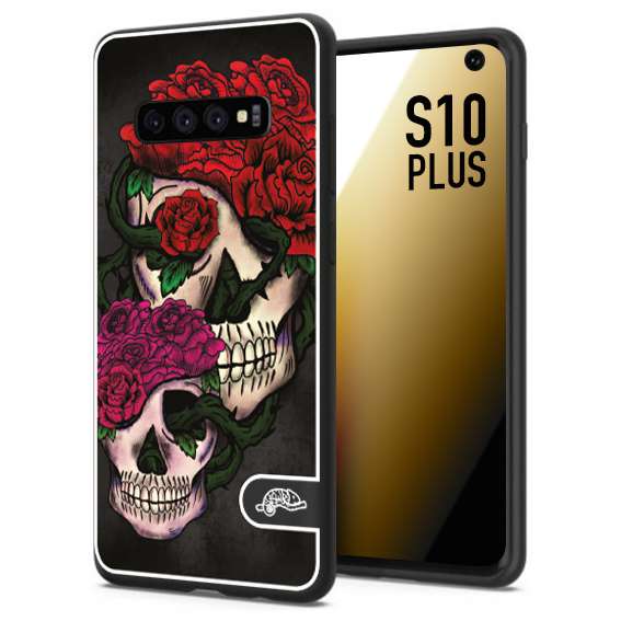 CUSTOMIZZA - Custodia cover nera morbida in tpu compatibile per Samsung S10 PLUS teschi e rose rosse fucsia skull and roses