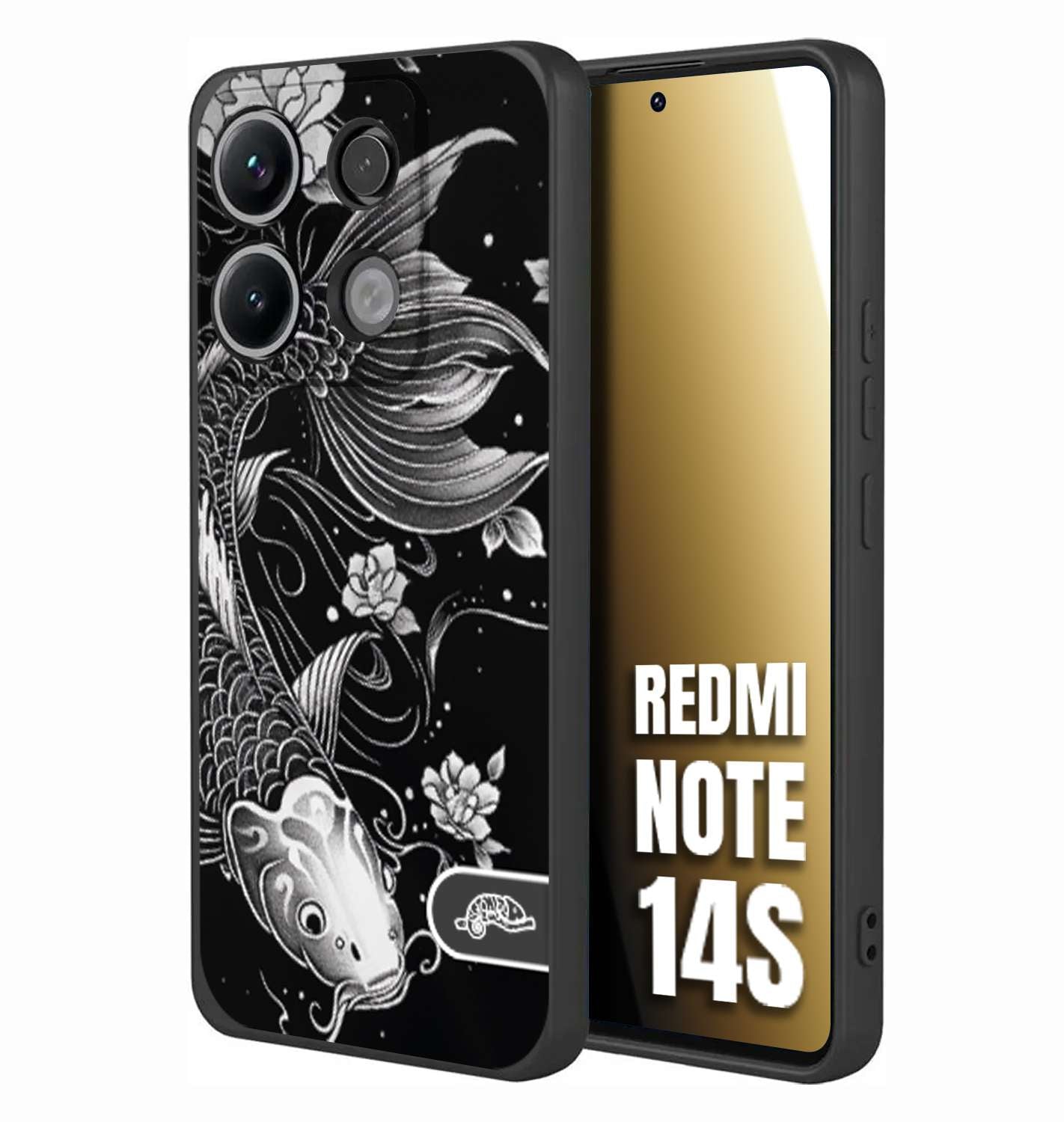 CUSTOMIZZA - Custodia cover nera morbida in tpu compatibile per Xiaomi Redmi Note 14S carpa koi black and white bianco a rilievo disegnato tattoo tatuaggio