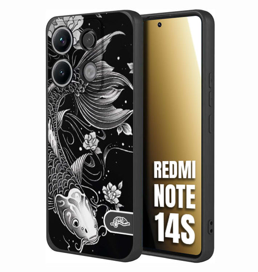 CUSTOMIZZA - Custodia cover nera morbida in tpu compatibile per Xiaomi Redmi Note 14S carpa koi black and white bianco a rilievo disegnato tattoo tatuaggio