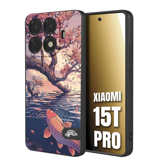 CUSTOMIZZA - Custodia cover nera morbida in tpu compatibile per Xiaomi 15T PRO giapponese lago carpa koi rosa con foglie d'acero disegnata tattoo
