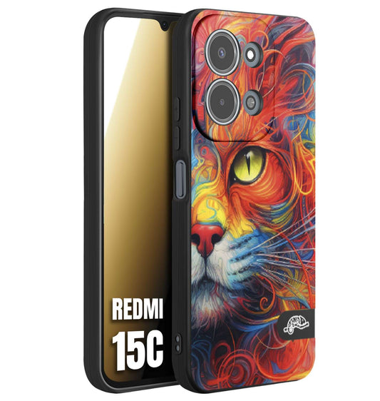 CUSTOMIZZA - Custodia cover nera morbida in tpu compatibile per Xiaomi Redmi 15C animali color cat gatto viso colori vibranti disegnato schizzo