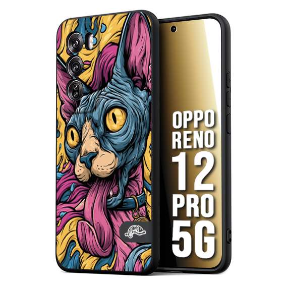 CUSTOMIZZA - Custodia cover nera morbida in tpu compatibile per Oppo Reno 12 PRO 5G Sphynx Colorato Pop Art Psichedelico Gatto Blu Rosa Giallo Artistica Fantasy