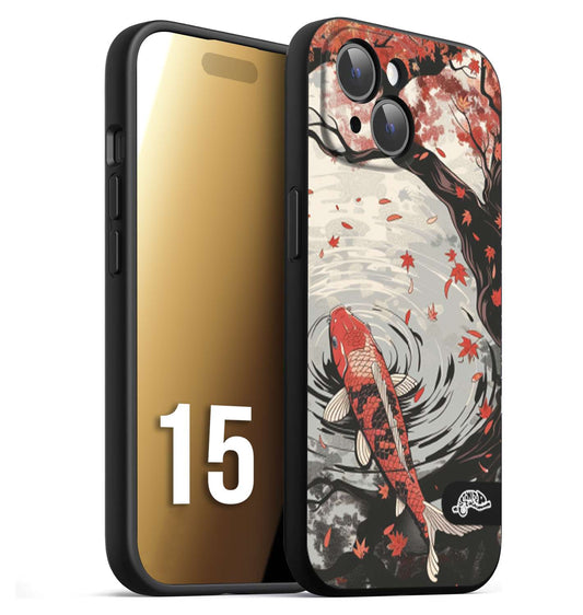 CUSTOMIZZA - Custodia cover nera morbida in tpu compatibile per iPhone 15 giapponese lago carpa koi rossa con foglie d'acero rosso disegnata tattoo