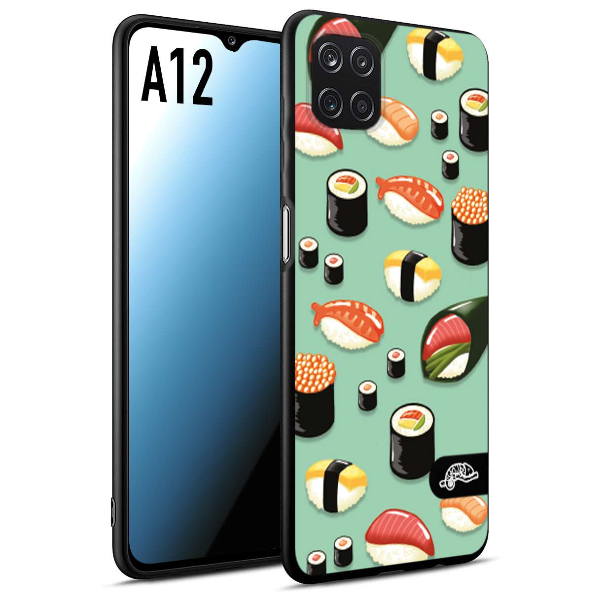 CUSTOMIZZA - Custodia cover nera morbida in tpu compatibile per Samsung A12 sushi disegni giapponese nighiri acquamarina verde