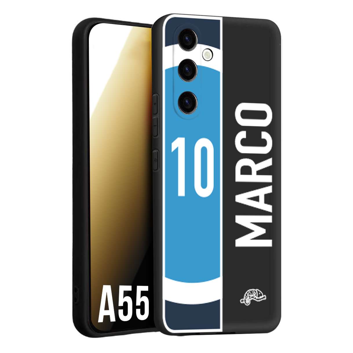 CUSTOMIZZA - Custodia cover nera morbida in tpu compatibile per Samsung A55 5G personalizzata calcio football nome e numero calciatori biancoazzurri bianco celesti