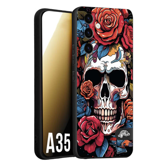 CUSTOMIZZA - Custodia cover nera morbida in tpu compatibile per Samsung A35 5G teschio skull flowers fiori rose rosse tattoo disegnato