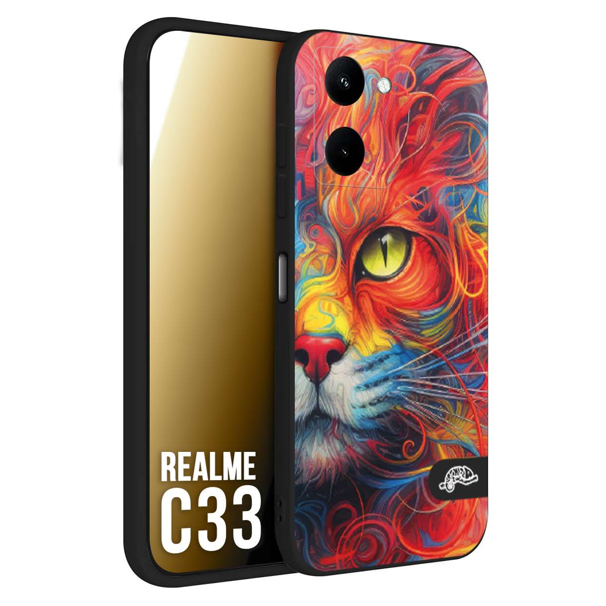 CUSTOMIZZA - Custodia cover nera morbida in tpu compatibile per Oppo Realme C33 animali color cat gatto viso colori vibranti disegnato schizzo