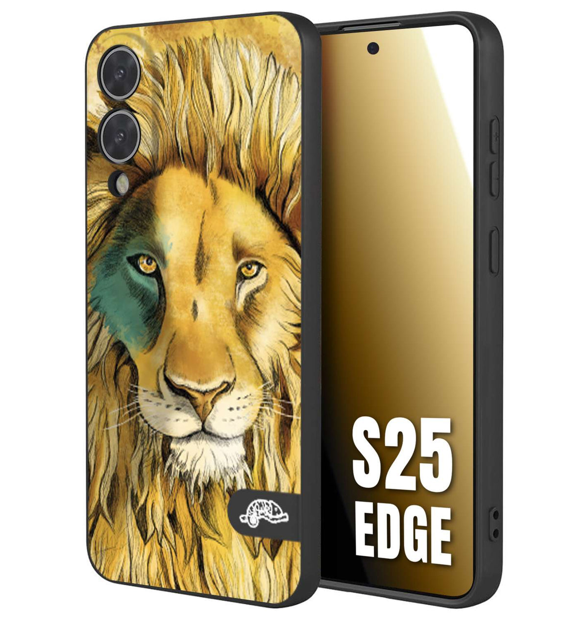 CUSTOMIZZA - Custodia cover nera morbida in tpu compatibile per Samsung S25 EDGE leone lion disegnato a mano giallo blu a rilievo artistico brown