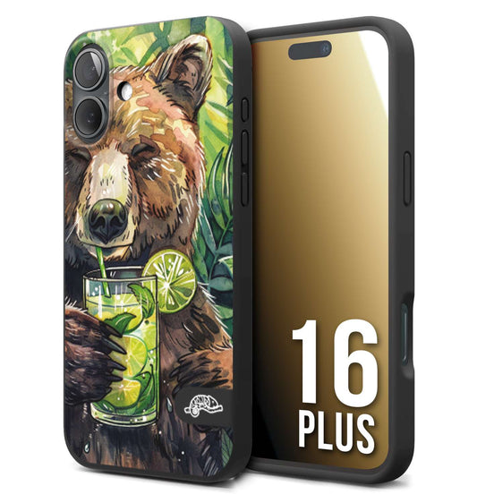 CUSTOMIZZA - Custodia cover nera morbida in tpu compatibile per iPhone 16 PLUS estate disegnata cocktails animali simpatici orso bear negroni