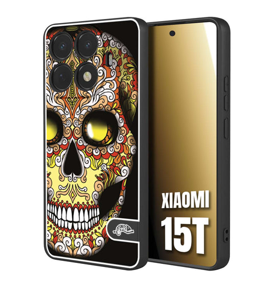 CUSTOMIZZA - Custodia cover nera morbida in tpu compatibile per Xiaomi 15T teschio messicano Mexican skull giallo rosso arancio