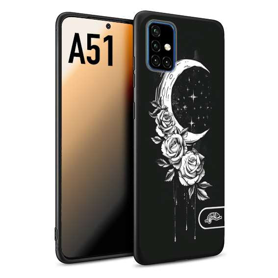 CUSTOMIZZA - Custodia cover nera morbida in tpu compatibile per Samsung A51 luna e fiori moon flowers black and white bianco a rilievo disegnato