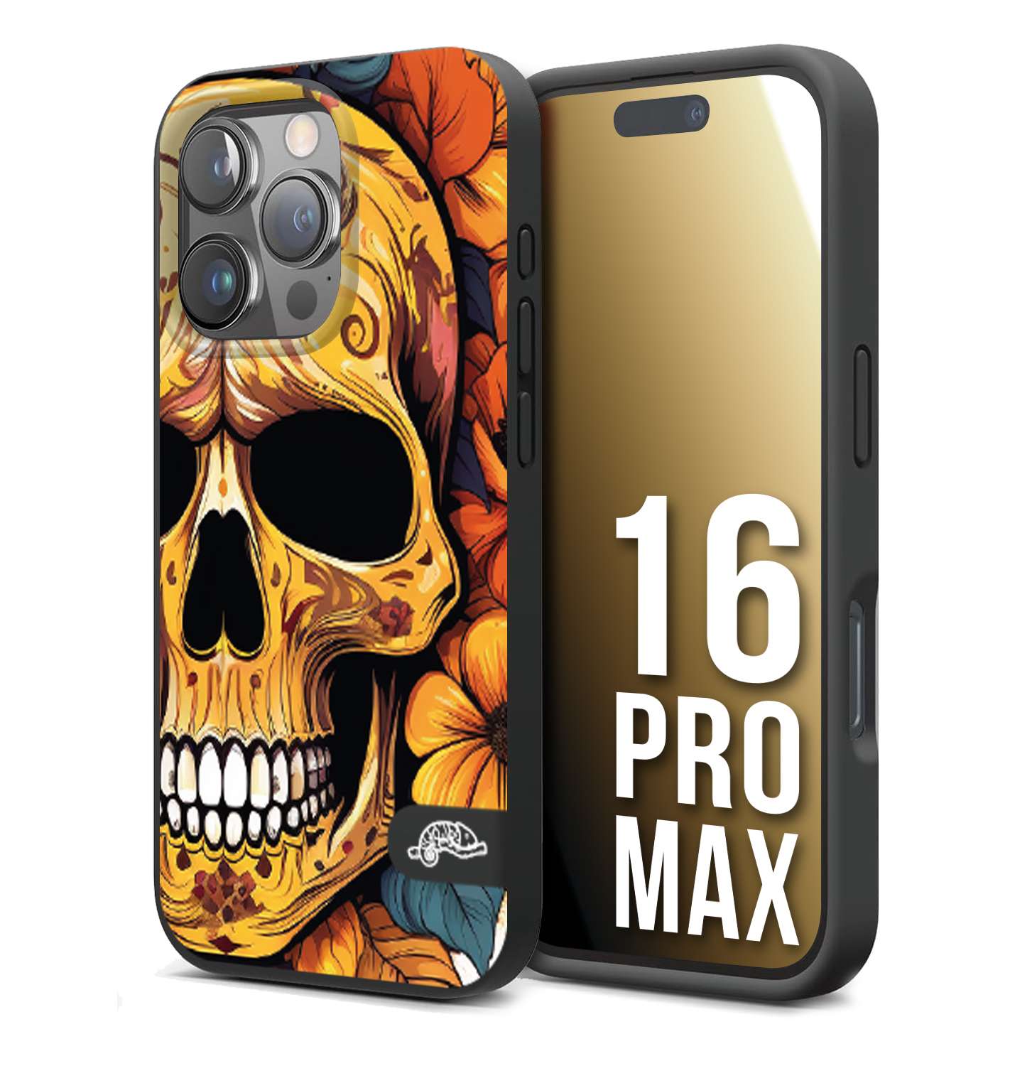 CUSTOMIZZA - Custodia cover nera morbida in tpu compatibile per iPhone 16 PRO MAX teschio messicano colorato dorato fiori autunnali disegnato