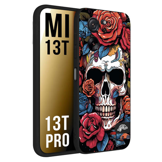 CUSTOMIZZA - Custodia cover nera morbida in tpu compatibile per Xiaomi 13T - 13T PRO teschio skull flowers fiori rose rosse tattoo disegnato
