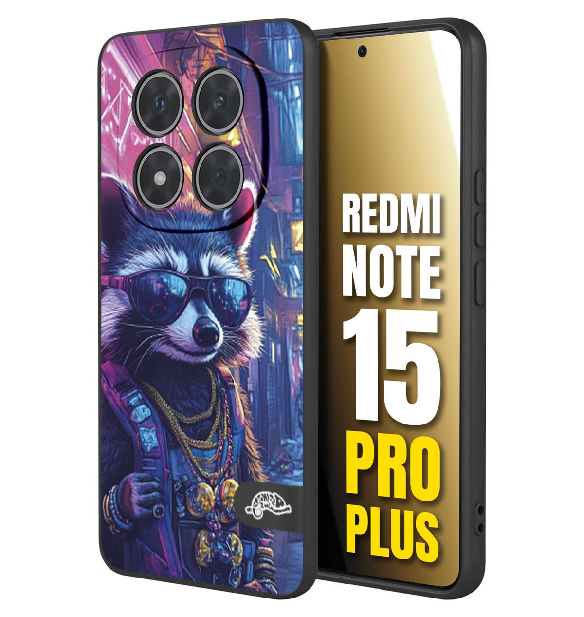 CUSTOMIZZA - Custodia cover nera morbida in tpu compatibile per Xiaomi Redmi Note 15 PRO PLUS animali simpatici cyberpunk procione racoon street cat fucsia blu giallo