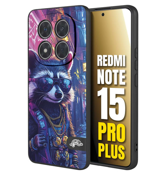 CUSTOMIZZA - Custodia cover nera morbida in tpu compatibile per Xiaomi Redmi Note 15 PRO PLUS animali simpatici cyberpunk procione racoon street cat fucsia blu giallo