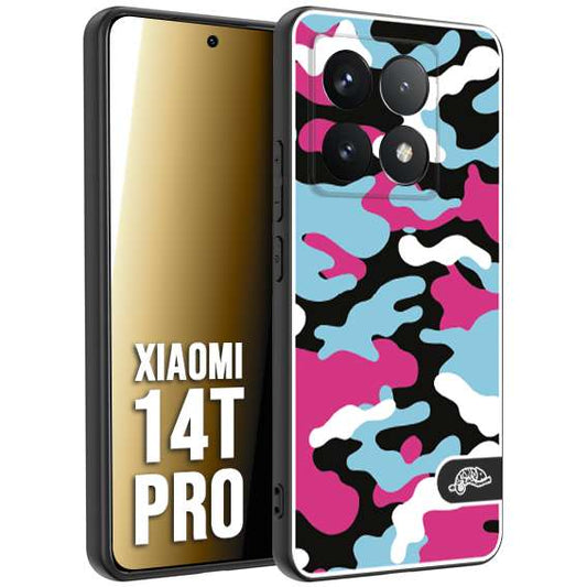 CUSTOMIZZA - Custodia cover nera morbida in tpu compatibile per Xiaomi 14T PRO camouflage mimetico militare fucsia celeste
