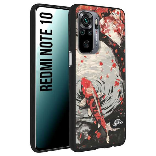 CUSTOMIZZA - Custodia cover nera morbida in tpu compatibile per Xiaomi Redmi Note 10 giapponese lago carpa koi rossa con foglie d'acero rosso disegnata tattoo