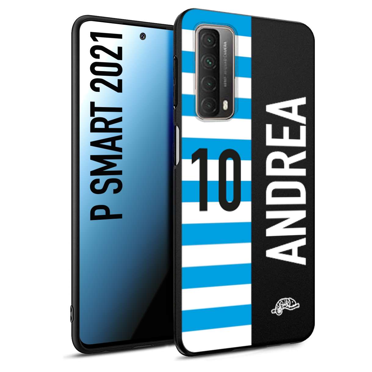 CUSTOMIZZA - Custodia cover nera morbida in tpu compatibile per Huawei P Smart 2021 personalizzata calcio football nome e numero calciatori biancazzurri