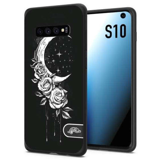 CUSTOMIZZA - Custodia cover nera morbida in tpu compatibile per Samsung S10 luna e fiori moon flowers black and white bianco a rilievo disegnato