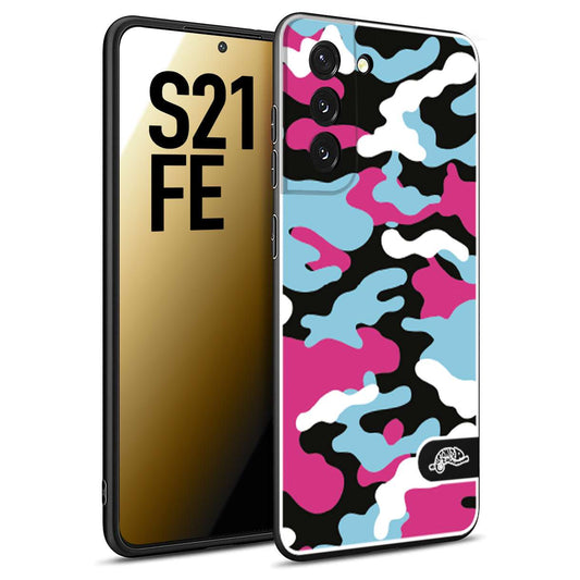 CUSTOMIZZA - Custodia cover nera morbida in tpu compatibile per Samsung S21 FE camouflage mimetico militare fucsia celeste
