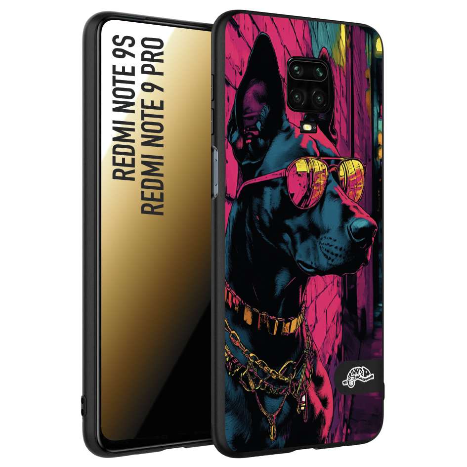 CUSTOMIZZA - Custodia cover nera morbida in tpu compatibile per Xiaomi Redmi Note 9S - Note 9 PRO animali cyberpunk dobermann cane street dog fucsia blu