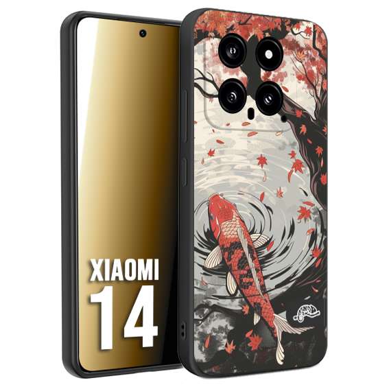 CUSTOMIZZA - Custodia cover nera morbida in tpu compatibile per Xiaomi 14 giapponese lago carpa koi rossa con foglie d'acero rosso disegnata tattoo