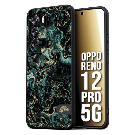 CUSTOMIZZA - Custodia cover nera morbida in tpu compatibile per Oppo Reno 12 PRO 5G effetto marmo marble verde green venature dorato pietra
