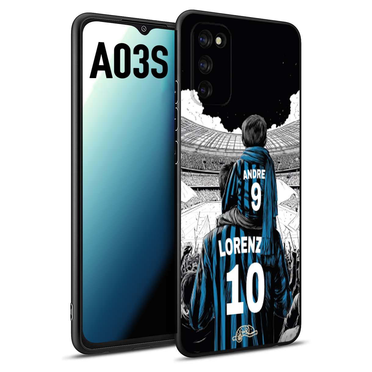CUSTOMIZZA - Custodia cover nera morbida in tpu compatibile per Samsung A03S personalizzata calcio football padre e figlio calciatori nerazzurra