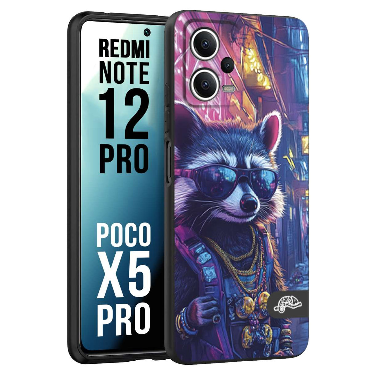 CUSTOMIZZA - Custodia cover nera morbida in tpu compatibile per Xiaomi Redmi Note 12 PRO - POCO X5 PRO animali simpatici cyberpunk procione racoon street cat fucsia blu giallo