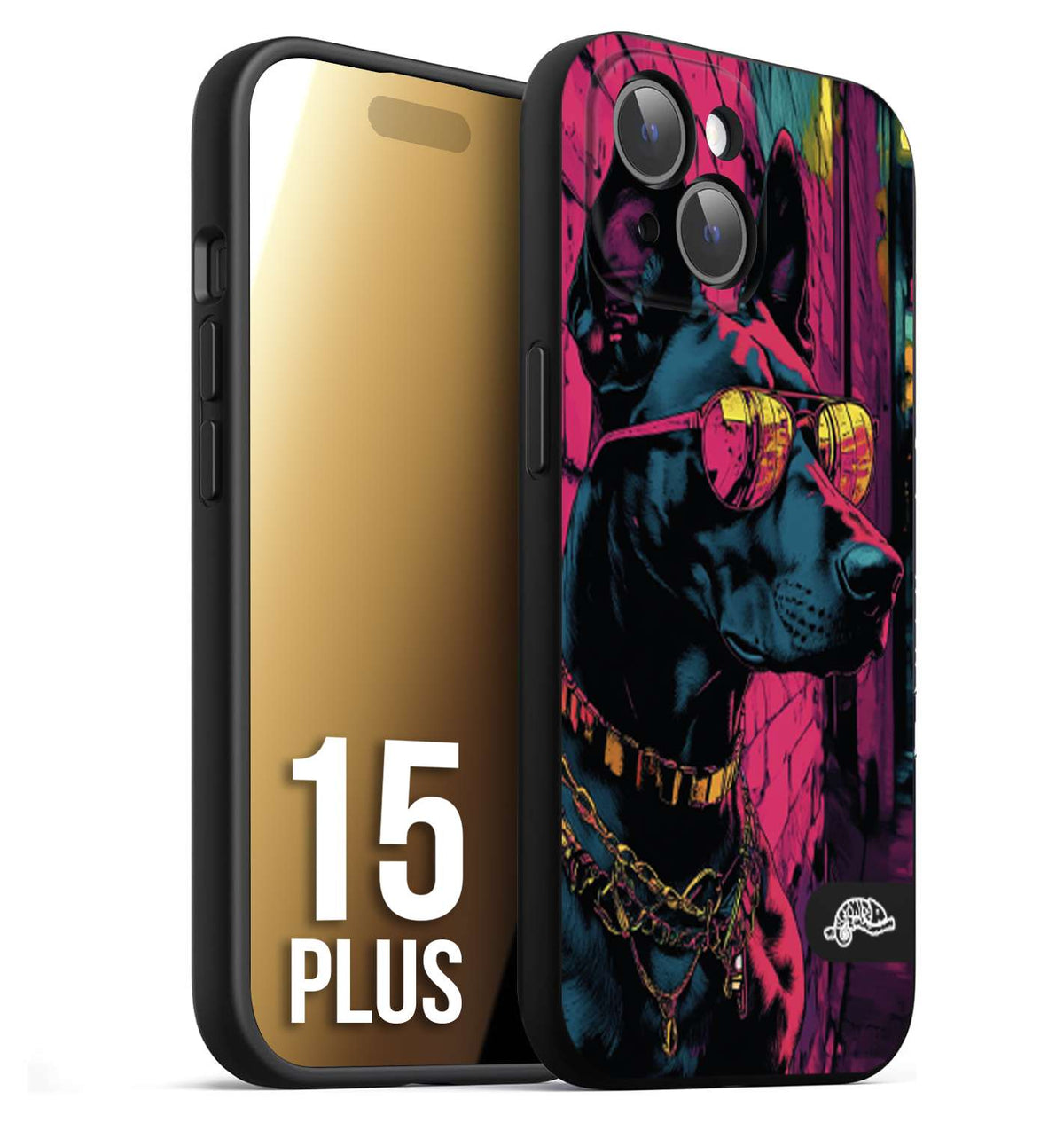 CUSTOMIZZA - Custodia cover nera morbida in tpu compatibile per iPhone 15 PLUS animali cyberpunk dobermann cane street dog fucsia blu
