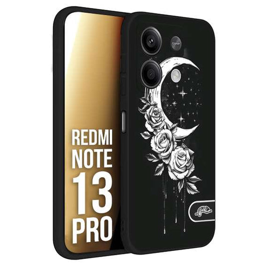 CUSTOMIZZA - Custodia cover nera morbida in tpu compatibile per Xiaomi Redmi Note 13 PRO luna e fiori moon flowers black and white bianco a rilievo disegnato tattoo tatuaggio