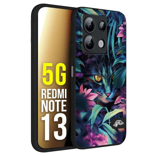 CUSTOMIZZA - Custodia cover nera morbida in tpu compatibile per Xiaomi Redmi Note 13 5G animali color giungla tropicale occhio di gatto colori vibranti disegnato