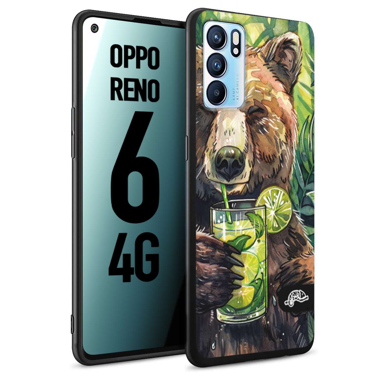 CUSTOMIZZA - Custodia cover nera morbida in tpu compatibile per Oppo Reno 6 4G estate disegnata cocktails animali simpatici orso bear negroni